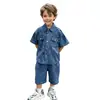 Conjunto de Verano de Mezclilla con Estampado de Leopardo para Niños 2026 Nuevo Elegante de Moda Conjunto de Dos Piezas de Manga Corta para Niños Moda Infantil Transfronteriza