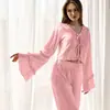 Cardigan de Encaje Cruzado Otoño Nuevo Fino con Cordones Traje de Pantalón de Manga Larga Casual y Cómodo Ropa para el Hogar Pijamas para Mujer