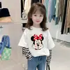 Camiseta larga de dos piezas de imitación para niña, camiseta básica de primavera y otoño para niños, top a rayas de dibujos animados elegante de algodón puro para niñas
