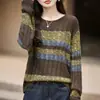 Suéter de Tricô Listrado Color Block Estilo Coreano 2026 para Mulheres Manga Longa Gola Redonda Solto Pulôver Cardigã Temperamento Rejuvenescedor Top Único
