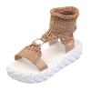 Sandalias Coloridas para Mujer Nuevas de Suela Gruesa Suave Punta Abierta de Lana con Botón Redondo Slip-On Plataforma Estilo Romano