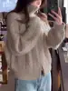 Cardigan Feminino Gola Alta Manga Raglan Tricô Pesado 100% Lã Pura Jaqueta com Zíper Grossa Loose Cinco Agulhas
