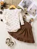 Conjunto de Otoño para Niñas Bebé y Niño Pequeño Mameluco Floral de Manga Abullonada Overol de Oso con Falda Conjunto de Dos Piezas Ropa Linda para Bebés y Niños
