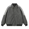 Chaqueta de Cuero Sintético Rayada Estilo Americano Moderna para Hombre Primavera y Otoño Retro de Gama Alta Elegante Chaqueta Biker con Tres Rayas y Cuello de Solapa