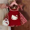 Lindo conjunto xadrez vermelho para meninas, blusa de alcinha estilosa com estampa de gato + shorts xadrez, novo conjunto de duas peças de verão para bebês meninas