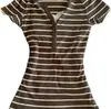 Blusa de encaje para mujer, corte ajustado, retro Harajuku, venta al por mayor, retazos, manga corta, elegante, para ir al trabajo, Y2K, estampada, con rayas