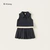 Envío Gratis Ropa Infantil Niñas Nuevo Conjunto Sencillo de Verano Conjunto de Dos Piezas con Cuello de Encaje Top sin Mangas y Falda Plisada de Color Sólido