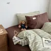 Conjunto de cama simples estilo vintage de algodão puro com quatro peças, incluindo capa de edredom e lençol de cima com listras combináveis, conjunto de três peças com lençol de baixo estilo dormitório estudantil
