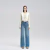 Jeans Simples de Algodão para Todas as Estações para Mulheres, Tom Azulado, Modelagem Solta, Emagrecedor, Confortável, Calça Casual de Perna Larga para o Dia a Dia
