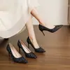 Sapatos de salto alto 9169 com sola vermelha, scarpins femininos de bico fino e salto agulha, sapatos pretos com lantejoulas para festas em boates, sapatos femininos sexy para eventos anuais
