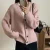 Cardigan Tricotado Vintage com Decote V Torcido Outono e Inverno Novo Solto Preguiçoso Estilo Coreano Emagrecedor Versátil Macio Aconchegante Jaqueta Suéter