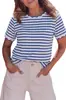 2026 Verano Nuevo Amazon Transfronterizo TK Camiseta de Algodón Rayada Casual para Mujer con Cuello Redondo y Borde Ondulado de Encaje Fruncido