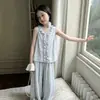 Conjunto de roupa preppy luxuoso estilo coreano novo camisa sem mangas com amarração calça pantalona conjunto de duas peças estilo old money conjunto completo