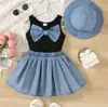 Estilo Europeu e Americano da Moda Colete de Verão Sem Mangas com Laço para Meninas Vestido Princesa Jeans Retrô com Chapéu