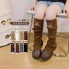 Meias Bordadas para Meninas Primavera e Outono Meias Longas Marrons Empilhadas Lã Tricotada Estilo Coreano Outono e Inverno Cobertor de Perna Quente