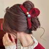 Presilha de Cabelo de Pelúcia Vermelha Ankora para Mulheres, Outono e Inverno, Presilha de Garra com Pérolas de Alto Padrão Estilo Chanel, Tamanho Grande para Cabelos Grossos