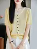 Top de Verano para Mujer con Cuello en V y Mangas Cortas, Nuevo, Seda de Hielo, Delgado, Retro Francés, Adelgazante, Top de Punto Básico