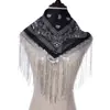 Bufanda cuadrada pequeña de seda con borlas nueva para primavera y verano, Europa y Estados Unidos, 53 cm * 53 cm, estampado de flor de anacardo, hip-hop, hip-hop, danza, banda para el cabello, bufanda, borla