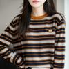 Cardigan de Tricô Listrado Elegante com Gola Redonda, Estilo Coreano, Color-Blocking, Versátil, Jaqueta Suéter de Tricô Nova Moda Outono e Inverno para Mulheres Tendência