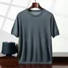 Camiseta de punto fino de 18 puntos ultra delgada para hombre, 100% lana pura, manga corta, cuello redondo, suéter ajustado de verano, tejido de punto de manga corta