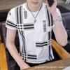 Comercio Exterior Hombres Nuevo Verano Jacquard Cuello Redondo Seda de Hielo Elástico Jersey Camiseta Manga Corta Trendy Adolescente Hombre Top