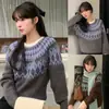 Toma real: Suéter de punto de alta gama para mujer, estilo Fair Isle coreano, suave y acogedor, cuello redondo, bloques de color, estilo holgado y casual.