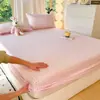 Juego de Sábana Bajera de Algodón Lavado, Protector de Colchón a Rayas y Cuadros Estilo Japonés de Tres Piezas, Cubre Cama Liso de Cobertura Total de Color Sólido
