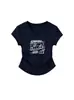 Camiseta de Manga Corta para Mujer con Diseño Plisado que Ceñe la Cintura, Estilo Verano, Modelo Nuevo, Cuello en V en el Hombro Derecho, Corte Ajustado, Top Versátil de Algodón Puro para Mujer