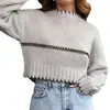 Suéter Curto Patchwork Cinza Claro Transfronteiriço Europeu e Americano, Caimento Solto, Estilo Casual Americano, Blusa Pulôver da Moda para Outono e Inverno