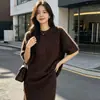 Suéter de punto de lana cepillada, corte relajado, holgado, de manga tres cuartos para mujer; suéter de manga corta y cuello redondo; elegante top de punto