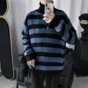 Suéter Gola Alta Listrado Preto e Branco Masculino Outono e Inverno Engrossado Macio Sedoso Solto Estilo Preguiçoso Suéter de Tricô Jaqueta Suéter de Marca Tendência