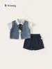 Ropa para Niños Bangxuan Nuevo Chaleco de Mezclilla Conjunto de Tres Piezas para Niños Camisa Pantalones Cortos para Niños Atuendo de Moda para Niños