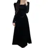 Elegante vestido de veludo estilo francês com decote quadrado para mulheres, manga longa para primavera e outono, plissado, acinturado, cintura alta, vestido longo preto