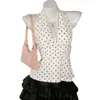 Top de tirantes con cuello halter de lunares transfronterizo con pliegues para ceñir la cintura, adelgazante, sexy estilo de deseo puro de verano, top sin mangas con espalda descubierta para mujer