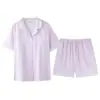2026 Nuevo Conjunto de Verano Delgado de Gasa de Doble Capa de Algodón Puro con Top de Manga Corta y Shorts de Color Sólido Casual para Casa