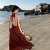 Foto Real Novo Xinjiang Dunhuang Pirâmide Estilo Férias Alça de Pescoço Pendurada Vestido Vermelho Saia Grande Sem Costas