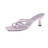 Pantuflas de tacón alto con puntera cuadrada abierta estilo tweed morado para mujer con tiras finas cruzadas y tacones de aguja Sandalias elegantes estilo coreano