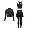 Conjunto de Fitness para Mujer Cuello Alto Manga Larga Chaqueta de Yoga Falda Pantalón Falso de Dos Piezas Control de Abdomen Moldeador Carrera Matutina Ejercicio Conjunto de Yoga