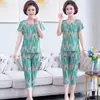Conjunto de Seda Gelada de Manga Curta de Verão da Mamãe, Conjunto de Duas Peças para Mulheres de Meia-Idade e Idosas, Vestido de Verão da Vovó, Roupas para Idosos, Verão Feminino
