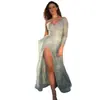 2025 Primavera e Verão Transfronteiriços Novas Roupas Europeias e Americanas Vestido de Banquete para Noite Vestido de Festa com Lantejoulas e Fenda Vestido de Apresentadora