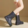 Botas de chuva da moda para mulheres, botas de chuva com boca de sebe, uso externo, lavagem de carro, cozinha, trabalho, sapatos de borracha, sapatos impermeáveis, forrados com lã