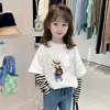 Camiseta de Algodão Puro Manga Longa para Meninas, Falsa Peça Dupla, Novo Estilo Coreano Manga Longa, Camiseta Básica de Outono e Inverno para Crianças Maiores