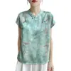 Nueva blusa satinada estampada de estilo chino de manga corta para mujer, top transpirable y agradable para la piel, nueva camiseta de verano con cuello alto de seda sintética