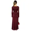 Moda Femenina 2026 Otoño Nuevo Estilo Europeo y Americano Transfronterizo Vestido de Color Sólido con Cuello Redondo, Manga Larga, Plisado y Abertura