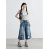 Jeans bordado de cintura alta para mulheres baixinhas, design emagrecedor, estilo de rua, calças cropped, calças wide leg com estampa de cachorrinho de desenho animado, novas roupas femininas
