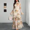 Vestido Negro Estampado Nuevo Europeo y Americano de Amazon con Manga de Hoja de Loto Estampado de Flores y Plantas Vestido de Nicho para Mujer
