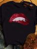 Camisetas Estampadas de Natal Sexy Estampa de Lábios Vermelhos Camisetas Femininas Casu