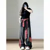 Jeans Patchwork Xadrez com Laço Preto Novo Retro para Mulheres, Calça Larga Solta para Outono e Inverno