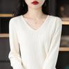 Primavera Novo 100 Algodão Penteado Base Suéter Feminino Com Decote Em V Pulôver Manga Longa Solto Tamanho Grande Top Curto
