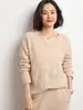 Nuevo suéter base de punto cálido para mujer de otoño e invierno, 100% cachemir, corte holgado, corte ajustado, cuello redondo, tejido de ganchillo, hueco, elegante